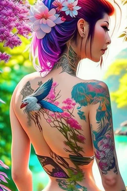 Beautiful girl with beautiful tattoos on her back, fan in hand, digital art, anime, colorful tattoos of flowers and birds, artgerm, beautiful 18-year-old girl, she has very beautiful tattoos, against the background of a very beautiful Japanese garden, colorful pastel, desktop wallpaper, cool, graceful figure