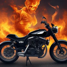 Fire head skeleton Rider wearing a black leather on black motorcycle in the middle of street rounded by high tower in a City