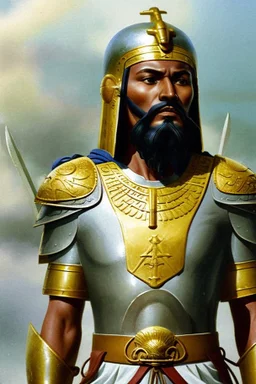 [ancien Egypt, real photography] Akkiru, Leader of the Sea Peoples, stood tall amidst the chaos of the battlefield. His helmet bore a crest like a ship's prow, an emblem of his maritime dominion. Clad in a deep blue tunic woven with threads of gold and silver, he was a beacon of command and unity among the diverse warriors under his banner. His eyes, sharp and unwavering, surveyed the conflict with seasoned wisdom. In his grip, a bronze-hilted sword gleamed in the sunlight, a reflection of the