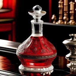 Create an illustration of an antique-style decanter with intricate crystal patterns. The decanter should be filled with a bright red liquid, reminiscent of fine wine. Capture the elegance and luxury of a bygone era.