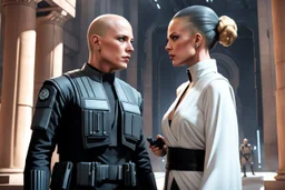 a bold and heroic bald Corellian pilot in black and grey First Order special forces gear meets a female Jedi Master in ancient, mystical temple, hyperdetailed, dynamic lighting, hyperdetailed background, 8k resolution, volumetric lighting, light skin, fully symmetric details