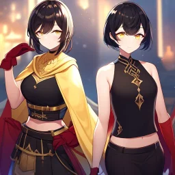 Clear focus,High resolution, Black short fluffy hair, and yellow eyes, wearing a black short skirt, sleeveless crop top, wearing long dark red gloves, yellow cloak