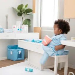 the nurse is alone, she wears pull-up diapers on the changing table, reading to drink: breastfeeding