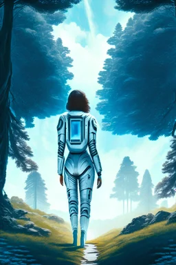 woman in a skin-tight silver spacesuit, facing away, standing under a spaceship, on a path, wooded landscape in the distance, blue sky