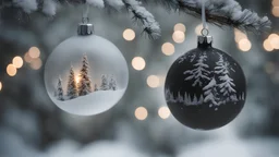 photoreal absurdly extreme close-up of a magnificent heavenly snow covered christmas bauble hanging from a branch reflecting christmas atmosphere by lee jeffries, otherworldly creature, in the style of fantasy movies, photorealistic, shot on Hasselblad h6d-400c, zeiss prime lens, bokeh like f/0.8, tilt-shift lens 8k, high detail, smooth render, unreal engine 5, cinema 4d, HDR, dust effect, vivid colors