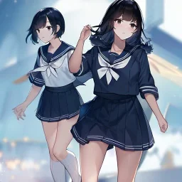 Clear focus, High resolution, short black hair, black eyes, wearing a sailor uniform, rough line, frowning, chopped bangs, fluffy hair, long white socks