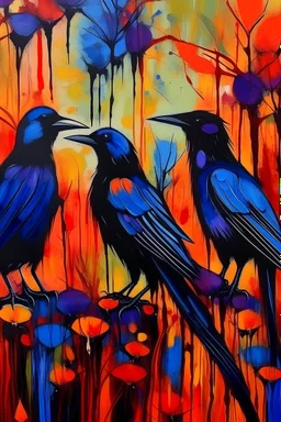 Acrylic canvass painting with orange, black, blue, yellow, red, and purple. I want it to have a natural vibe whether it’s wildlife or human architecture. You could incorporate all three. I’d also like it to be somewhat easy to create.