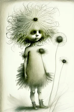 pencil and charcoal sketch of a cute happy little dandelion fairy girl, Mucha inspired emotional nature ephemeral sculptures of Andy Goldsworthy, tiny human form, essence captured as if created by surrealist photographer Noel S Osvald rendered in bright ombre colors, mixed with influences by John Bauer and Tim Burton, faded dark grey background, minimalistic art, with details that reflect advanced rendering techniques that push the drawing's realism even further Modifiers: trending on Artstation