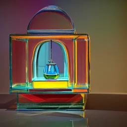 an architectural model of a colorful glass gondola on display in a contemporary art gallery in a bell jar, caustics reflections, symmetrical, pointed arches, frosted glass, muted fall colors, glossy from rain, rayonnant style, highly detailed, bokeh, studio lighting, light box, dramatic lighting