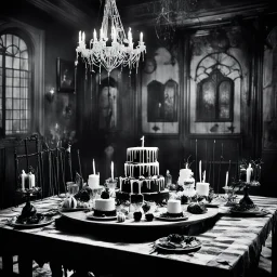 [a vintage-style image with noisy scratches and glitches, capturing the essence of an eerie scene] a Spooky Birthday Party unlike any other, hosted by Pugsley Addams himself. Within the eerie halls of the Addams Family mansion, haunted cakes with spiderweb frosting and ghostly party games that defy the laws of the living await the guests. The decorations, adorned with cobwebs and flickering candles, cast a spectral glow over the festivities. As the peculiar guests mingle in the shadows, Pugsley