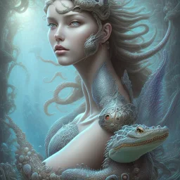 sango fantasy, fantasy magic, intricate, sharp focus, illustration, highly detailed, digital painting, concept art, matte, artgerm and paul lewin and kehinde wiley, masterpiece sexy lips African lady body mermaid alligator head turquoise space lady beach sea under water mermaid seaweed