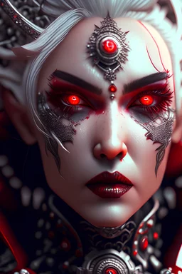 detailed attractive lady full size, insanely detailed and intricate, hypermaximalist, ornate top, white hair, eye makeup, white environment, isometric view, iron robot parts, wire detailed texture, zoom out, blooming, red atmosphere and dark shades, black haze, cinematic lighting , high detail, full quality, beautiful European detailed face, mouth smiling, brown eyes, sharp focus, very complex, generative artist, volumetric lighting, epic composition, octane, 16k, -v 4 -chaos 80