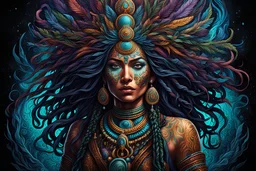 full body portrait painting of a female ayahuasca shaman with intricately detailed hair and facial features, traversing the multiverse of transformative and expanded consciousness, highly detailed in the surrealist style of Dan Mumford, sharply defined and detailed, 4k in dark moody natural colors