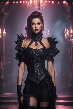 Gorgeous HD Photography Beautiful super model European woman cyberpunk rocker heavy metal music,dress Victorian Gothic Vampire Queen clothes,on stage music concert background, b-horror film screencap