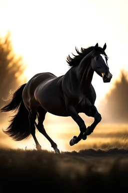 A black horse galloping towards the sunrise on a sunlit field. The horse is running at full speed, its mane and tail flowing in the wind. The sun is rising in the background, casting a warm glow over the scene