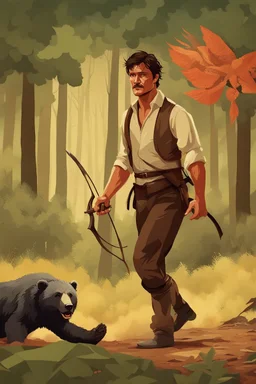 fighting hot woman fighting in the hunger games, slaughtering his enemies and a bear, mix with pedro pascal, in 1900s style