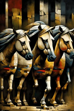 Arabian horses running quality, highly detailed, painting involves blending classical elegance with a contemporary twist, The focal point is an enigmatic figure inspired by film noir protagonists, positioned against a backdrop of nature and urban sophistication, Employing chiaroscuro techniques akin to Caravaggio, the play of light and shadow adds mystery and intimacy, The attire combines classical and modern fashion, with intricate details reflecting haute couture craftsmanship, S