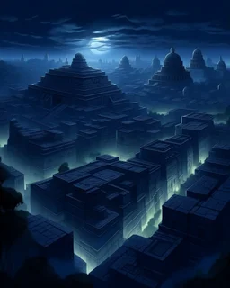 A grayish dark blue city in twilight designed in Mayan architecture