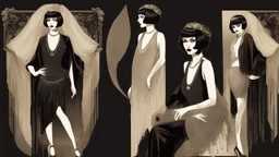 Full Body, burlesque Woman With A Bob With A Fringe Hairstyle, 1920s flapper style Clothing, Morticia, Steampunk, Black Background