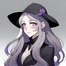 A woman, white skin, long white hair, hair covering her right eye, left eye is purple. Wearing a black dress and a black top hat, Japanese anime style