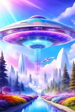 Ufo rainbow, futuriste ultra moderne,heaven,crystal very beautiful city,nature forest flowers colors