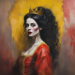 a Hideous, horrifying, frightening black-haired female Zombie Snow White, wearing a red leather sling suit with a gold/yellow bat emblem on the waist, dark, multicolored watercolor stained wall in the background, oil painting in the art style of Gilbert Stuart, 32k UHD, Hyper realistic, photorealistic, realistic, sharp, highly detailed, professional quality, beautiful, awesome, majestic, superb, trending on artstation