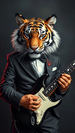 A tiger wearing a tuxedo and wearing playing an electrical guitar