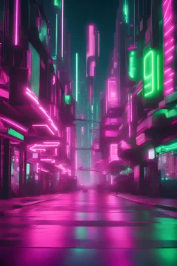 futuristic city with neon pink and neon green lights, in the center a professional digital camera on the street. high definition and realistic 8k image