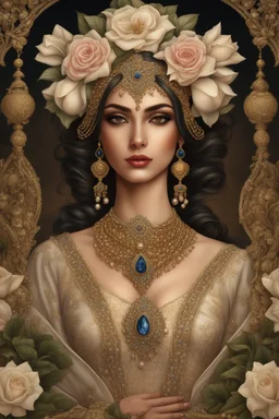 Beautiful facee Iranian Princess front wiev portrait, adorned with giant Jasmine, and lily flower ,roses , golden pearls , zafir gemstone headress, wearing floral, lace, pearls, zafirs ornate Iranian costume, organic bio spinal ribbed detail of Iranian style full jasmin and rose and persian garden background by the moonlight extremely detailed hyperrealistic maximalist portrait art