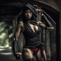 Behold the powerful alluring and pretty ninja woman, her body adorned with the traditional ninja costume and a dart, HDR, beautifully shot, hyperrealistic, sharp focus, 64 megapixels, perfect composition, high contrast, cinematic, atmospheric, moody