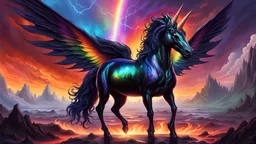 A gritty, full-body shot of an insatiably evil black opal iridescent pearlescent dark unicorn alien hybrid in a surreal landscape with prismatic rainbow wings and fire blazing behind it, with sharp ivory teeth, macabre, Dariusz Zawadzki art style, liminal spaces, horror art, dark gaming background, wet, glossy, horror art, trypophobia, eerie, intricate details, HDR, beautifully shot, hyperrealistic, sharp focus, back lit, 64 megapixels, perfect composition, high contrast, cinematic,