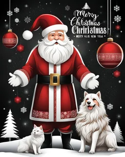 Póster con texto en español Feliz Navidad y Año Nuevo, Art illustration lineal Papá Noel, calidad ultra, hiperdetallado, 12k, fondo blanco, color blanco, rojo, negro y marrón full body