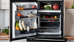 disassembled refrigerator with parts stuck on oven