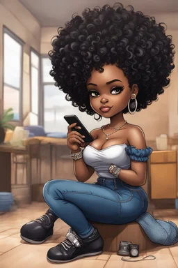 Create a furturism magna art of a black chibi curvy female sitting on the floor looking at her cell phone. She is wearing tight blue jeans and a black off the shoulder blouse. Prominent make up with lush lashes. Highly detailed tight curly afro. She is also wearing silver large hoop earringsart of a black chibi curvy female sitting on the floor looking at her cell phone. She is wearing tight blue jeans and a black off the shoulder blouse. Prominent make up with lush lashes.