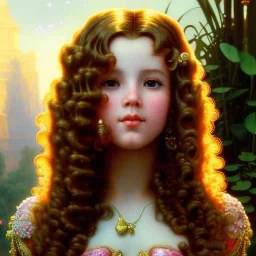 Hyperdetailed oil on canvas, young robyn lively by an ornate fountain, goldfish pond, lotus, detailed face, long muti-hued red curly hair; by gaspar camps, maxfield parrish, alphonse mucha, cyril rolando, dan mumford; luminous colorful sparkles, glitter, airbrush, octane render, volumetric lighting, 16k