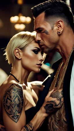 Jason david frank muscular male with short dark hair and tribal tattoos, wearing a designer suit, whispering in ear of young blonde woman, with short hair, wearing short white dress. hyper realistic