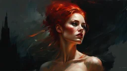 muscular stunning tall russian woman 24yo with red hair pulled back, in a Halloween pinup poster : dark mysterious esoteric atmosphere :: digital matt painting with rough paint strokes by Jeremy Mann + Carne Griffiths + Leonid Afremov, black canvas, dramatic shading