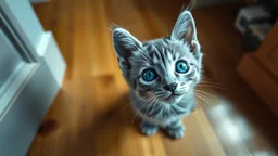 An innocent blue kitten, around 8 months old, with pale blue eyes and short fur, looking up at the camera from the wooden floor of a house, dramatic lighting, wide shot view, view from above, vibrant colors, highly detailed, highly realistic, book-cover-worthy