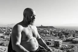 man looking like "Walter White" in breaking bad tv show, bald and goatee, with bare chest riding on a camel in Casablanca town, panorama, black and white photo, staring at a small town in horizon