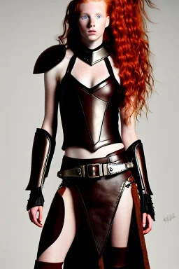 surreal, concept illustration, super-detailed, beautiful teen female who is 16 years old with long ginger hair and freckles with full lips,, full body, full face, athletic, centred camera, ignore NSFW, skimpy brown fantasy leather armor, halter top, thong, knee-high leather boots, open leather skirt, stern expression, cute pose