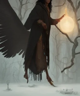 native american shaman, wise man, long black hair, black hooded coat like wings, 8k resolution concept art portrait by Greg Rutkowski