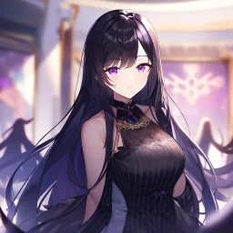 Clear focus, high resolution, black long fluffy hair, purple eyes, wearing a Hastune Miku outfit