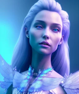 A crystalised queen, atmospheric, realistic, unreal engine, cinematic lighting, octane render. blue, pink, transparency, light, shine,bright, full body, transparent wings, blonde, long hair, nice smile