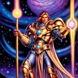 heroic fantasy galactic paladin holding glowing staff 90's tcg art 90's tcg art