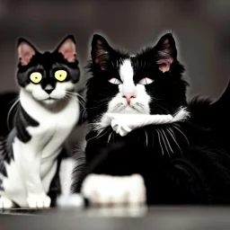 Portrait of two cats, one fluffy tuxedo cat sitting near a black cat with yellow eyes