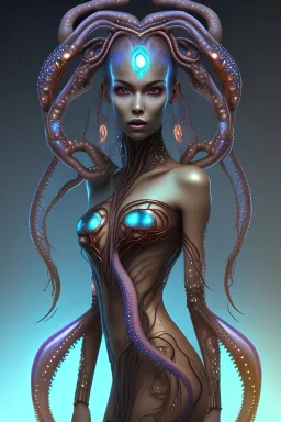 gorgeous female humanoid alien, stepping out of darkness, looking over shoulder, tentacles, copper zinc orichalcum jewelry and piercings, beautiful face, mesmerizing starry eyes, smooth translucent skin.