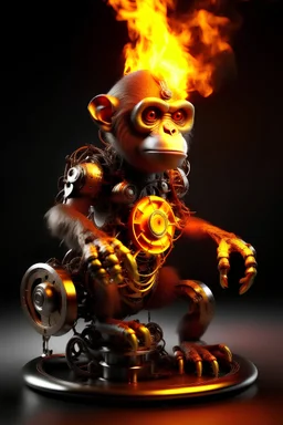 Mechatronic monkey with visible gears on fire