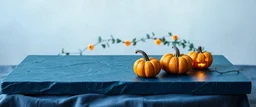 Blue stone flat tabletop with glowing pumpkins on the edge, Halloween style, minimalism, luxury, light background, velvet, studio photography, blurred background, fog, friendly atmosphere, garland, green fog