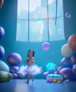 Ultra realistic speed room scene, wide angle view, teenager playing with feather pillows and inflatable monsters, circus dress style, feather color, free jumping, many trinkets, hair monster, many jelly beans, balls, smile, extreme, wind, soft color, highly detailed, unreal engine 5, ray tracing, RTX, lumen lighting, ultra detail, volumetric lighting, 3d, finely drawn, high definition.