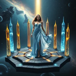 A breathtaking cosmic fantasy scene featuring a stunningly realistic beautiful woman with a perfect face and sculpted figure standing gracefully at the center of a floating geometric platform in deep space. She wears an elegant flowing gown in vibrant silver and blue hues that billow around her perfect form. The platform is constructed from dark cobblestone-like blocks arranged in a star shape. Surrounding her are magnificent crystalline towers and pillars in gold, amber, and electric b